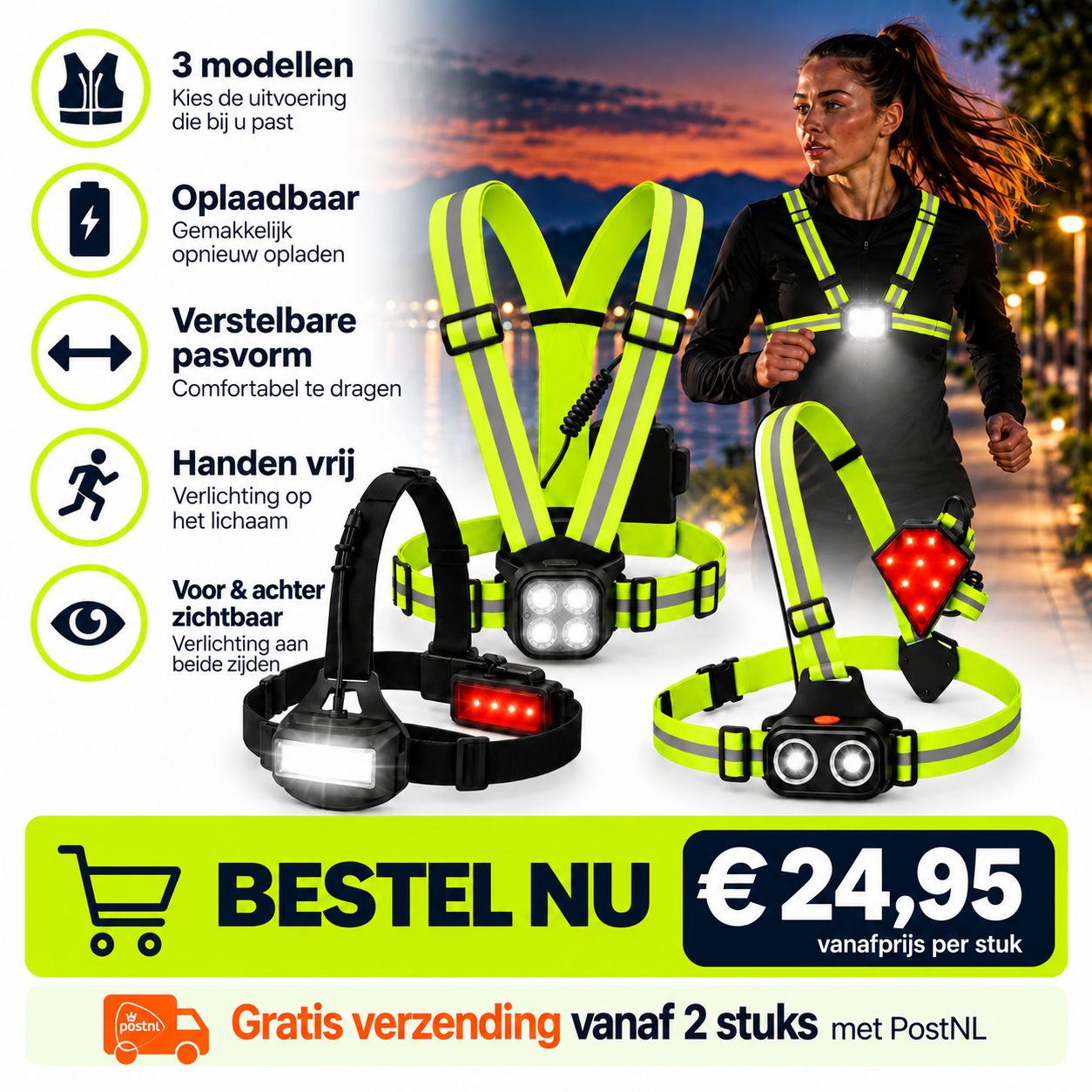Drie modellen hardloopverlichting met voor- en achterlicht