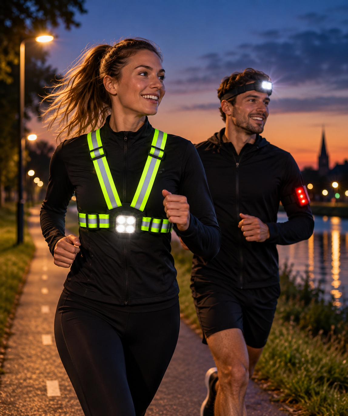 Hardlopers met hardloopverlichting tijdens het hardlopen in het donker